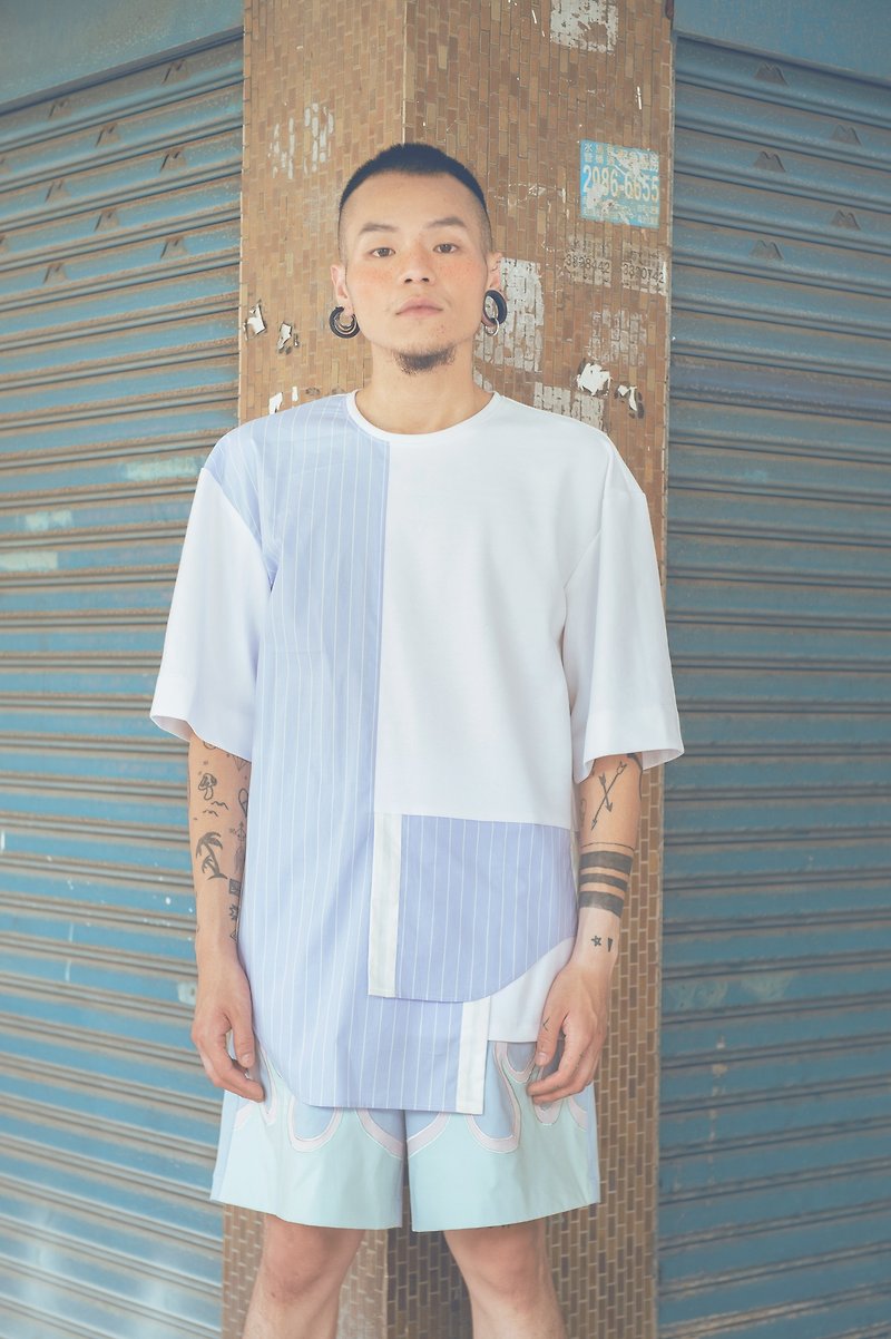 Deconstructed shirt short sleeve top (191T02) - เสื้อฮู้ด - ผ้าฝ้าย/ผ้าลินิน ขาว