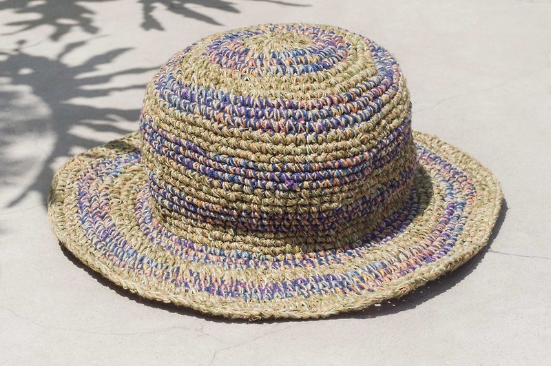 ผ้าฝ้าย/ผ้าลินิน หมวก หลากหลายสี - Hand-woven cotton Linen hat knit cap hat sun hat straw hat - mustard gradient Rainbow Garden
