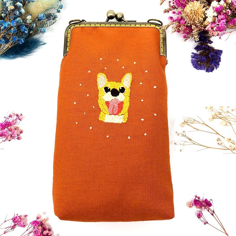 Embroidered gold mobile phone bag - กระเป๋าแมสเซนเจอร์ - ผ้าฝ้าย/ผ้าลินิน สีส้ม