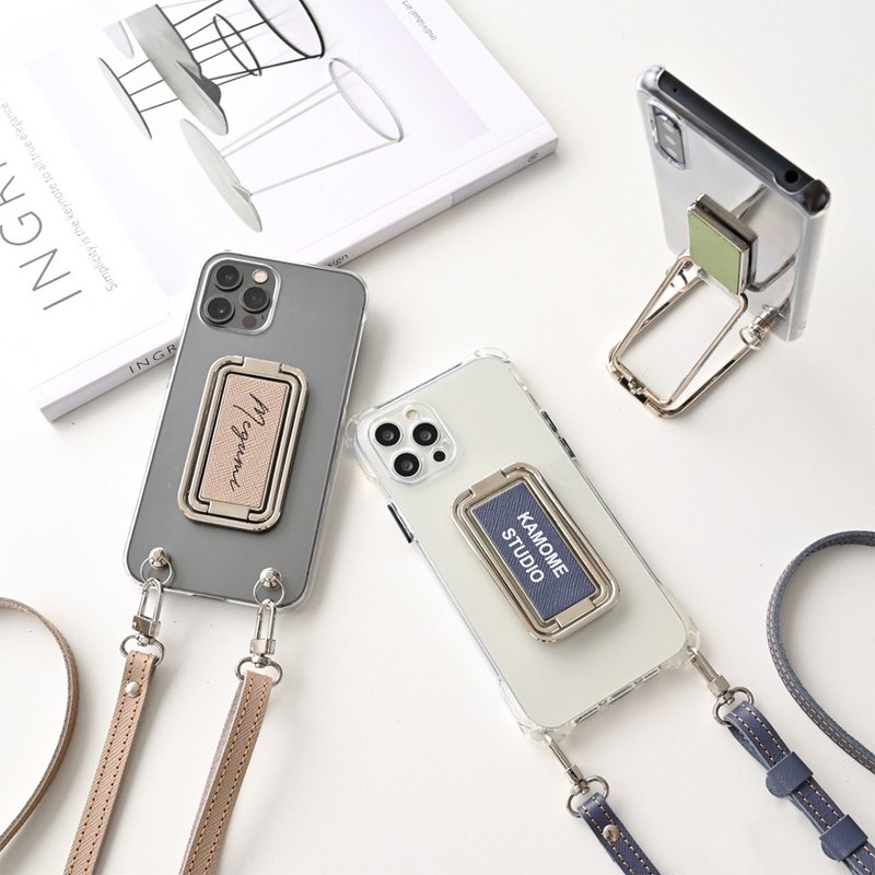 スマホショルダー 多機能リング クリアケース ストラップ付 【 サフィアーノレザー 】 名入れ 縦動画対応 スマホリング スマホスタンド FN02K - 手機殼/手機套 - 真皮 藍色