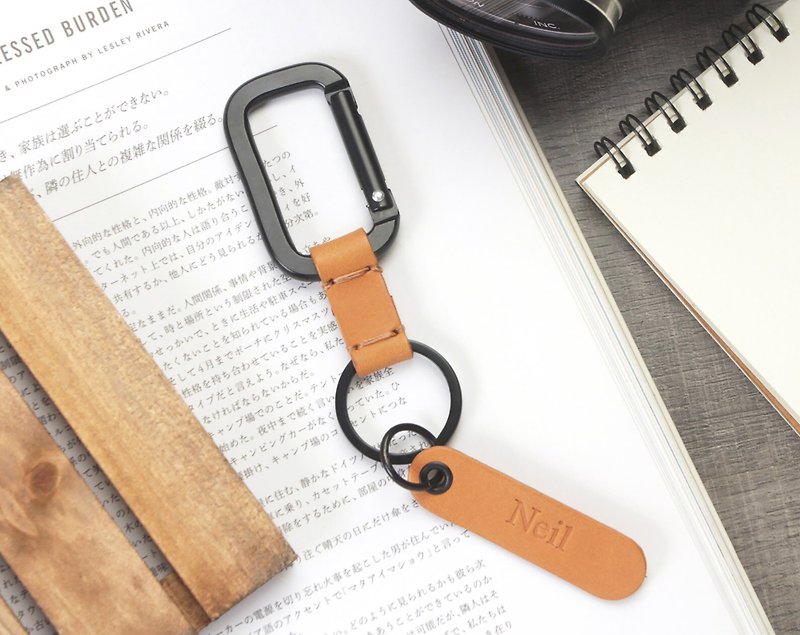 Personalised Black Square Carabiner Leather Keychain | Custom name tag - Keychains - Genuine Leather Brown