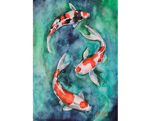 奥利弗卡纳特 Koi Painting Fish Original Art Watercolor Fishing Wall Art