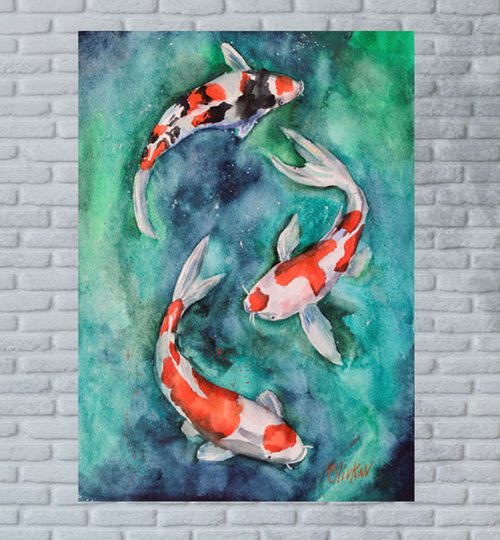 Koi Fish Watercolor Original Wall Art Painting by Olivia Kandra