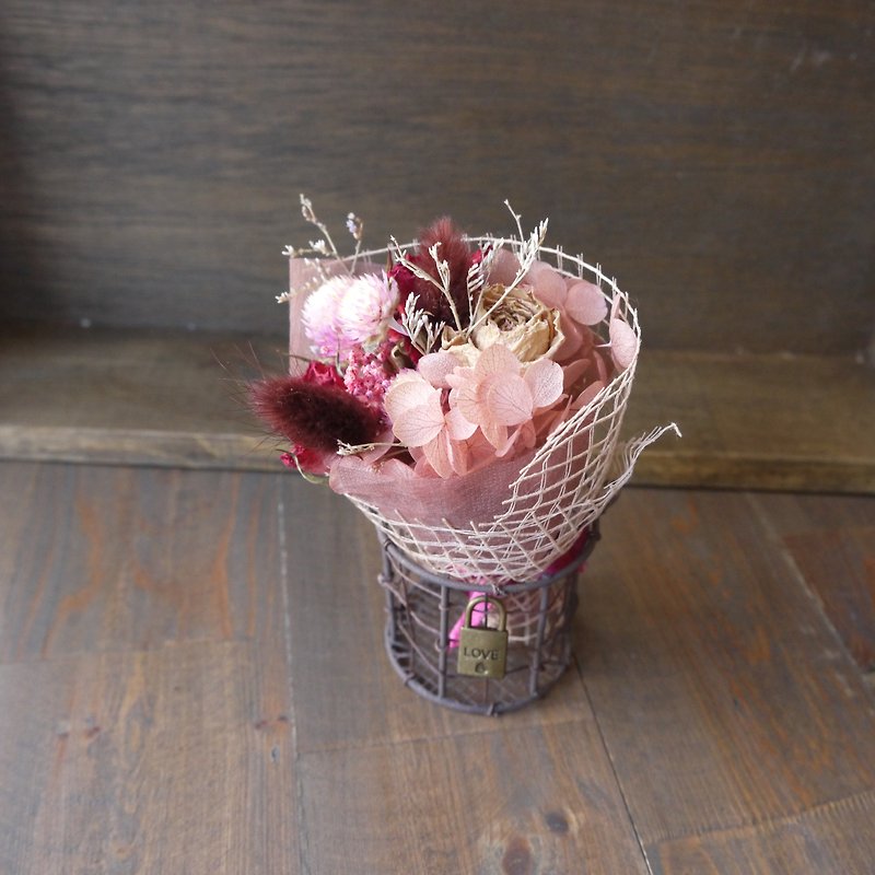 [愛]ミニロック乾燥ブーケ鉄バスケットグループ - 観葉植物 - 寄せ植え・花 ピンク