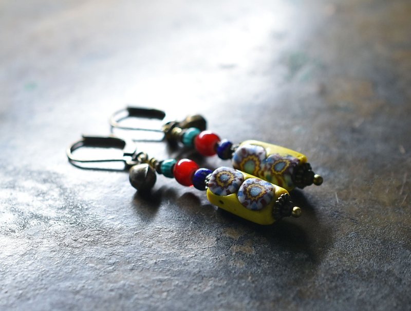 Chevron millefiori beads and white hearts, two types of chevrons, and ethnic bell earrings - Earrings & Clip-ons - Glass Yellow