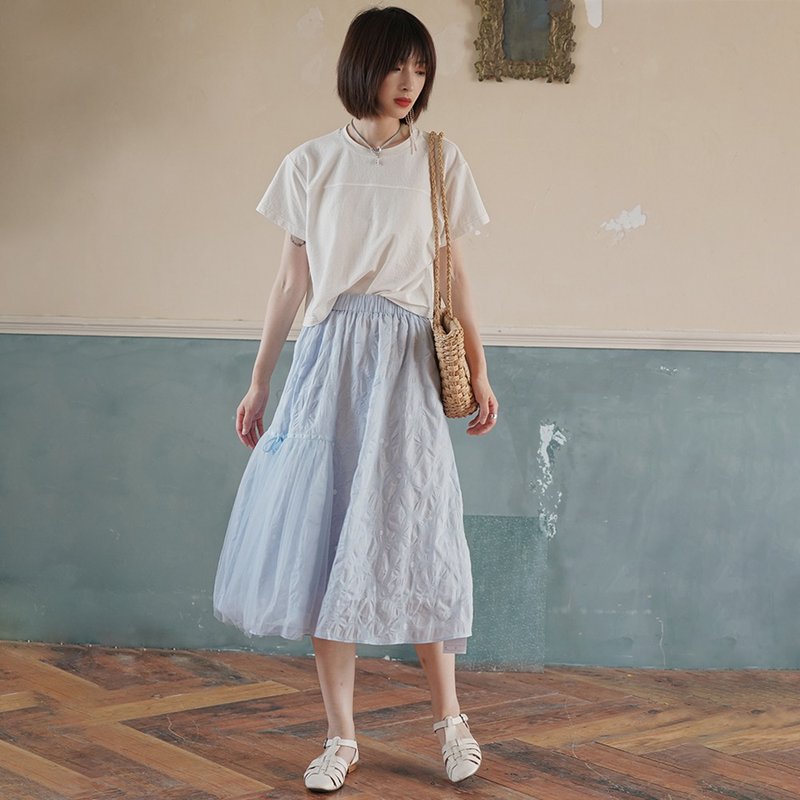 藍色不規則拼接網紗半身裙|裙子|夏款|棉+聚酯纖維|Sora-525 - 裙子/長裙 - 棉．麻 藍色