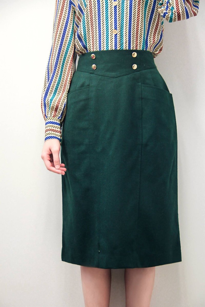 古著 | 墨綠色襯金色鈕扣對稱直身裙 - 裙子/長裙 - 羊毛 綠色