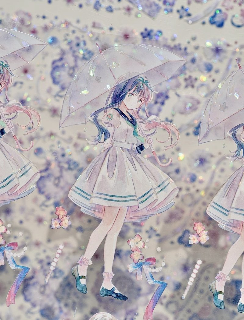 如雨天 雨音と 少女の ひととき PET 貝殼光 和紙膠帶 (kiss-cut) - 紙膠帶/和紙/PET - 其他材質 多色