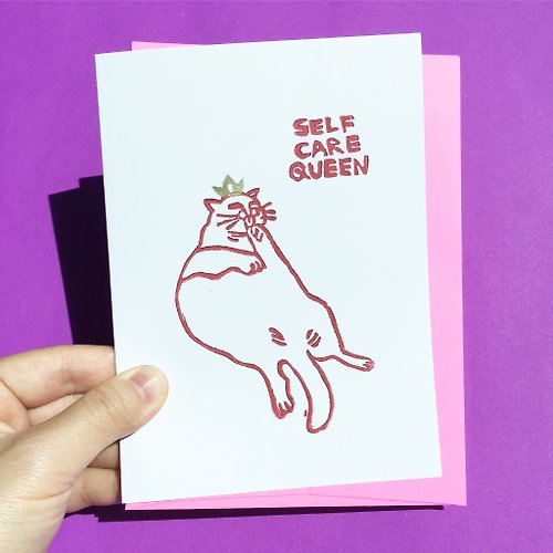 pinghattastudio Hand-printed greeting card - Self care queen white cat greeting card