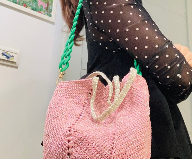 編みバッグ 光沢のあるシルバー糸編みバッグ - ピンク - ショップ flowers-88