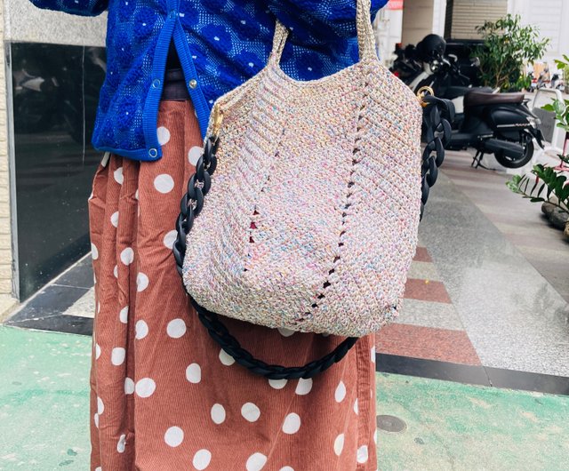 編みバッグ 光沢のあるシルバー糸編みバッグ - ピンク - ショップ flowers-88