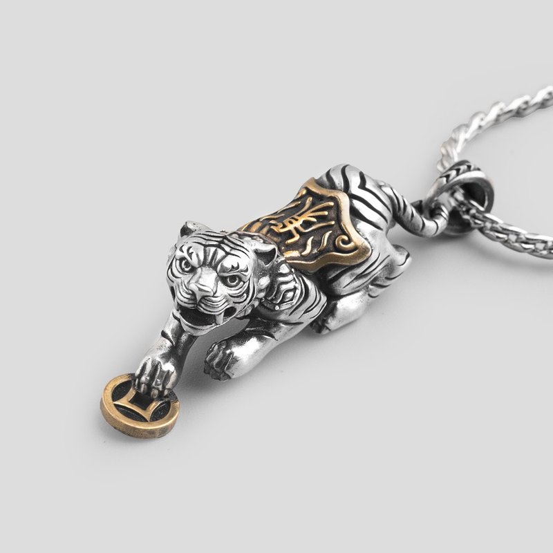 Fortune-Blessing Tiger Lord Pendant | Sterling Silver Wealth & Protection Neckla - Necklaces - Sterling Silver 