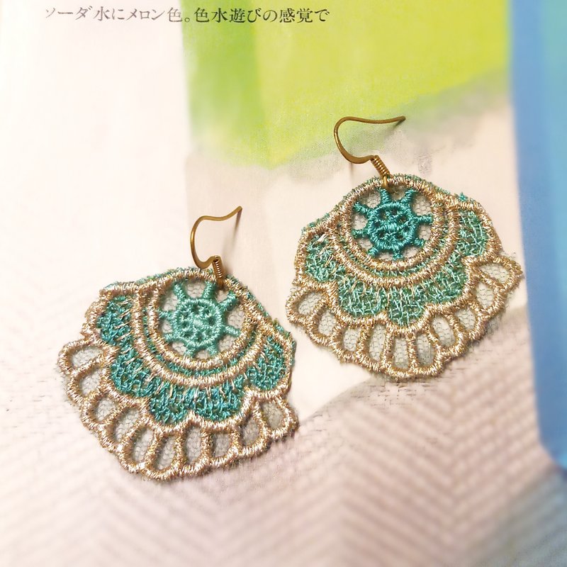 Lake water blue lace and gold thread through flower earrings EAR-016 - ต่างหู - งานปัก สีน้ำเงิน