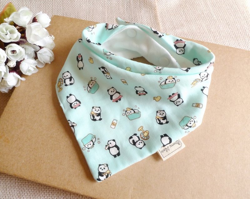 三角口水巾-洗澡小貓熊(湖水綠) - 圍兜/口水巾 - 棉．麻 綠色