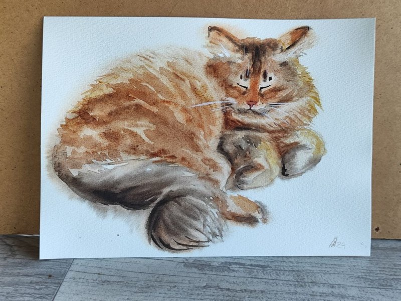 Siberian cat painting original watercolor art pet artwork 21 by 29 cm - 海報/掛畫/掛布 - 紙 咖啡色