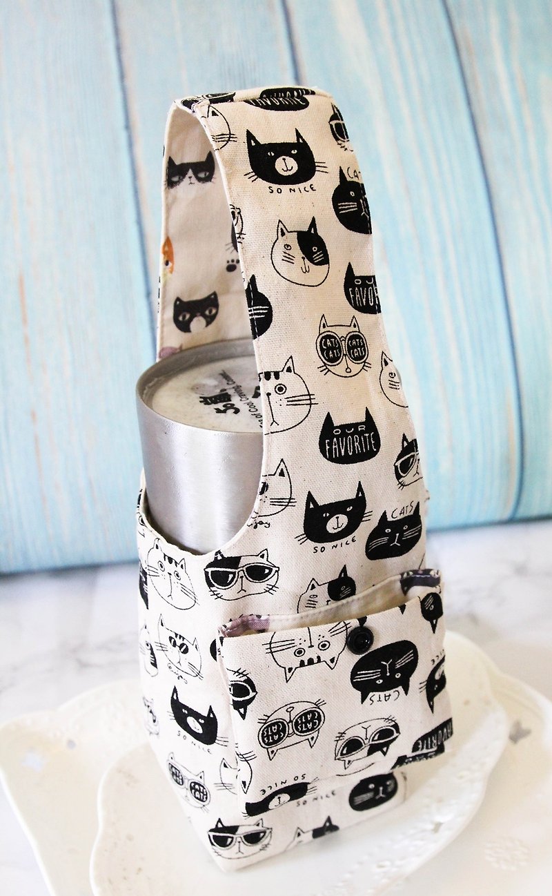 かわいい小さな黒い猫のカップ氷のダストバッグクーラーボトル - トート・ハンドバッグ - コットン・麻 ブラック