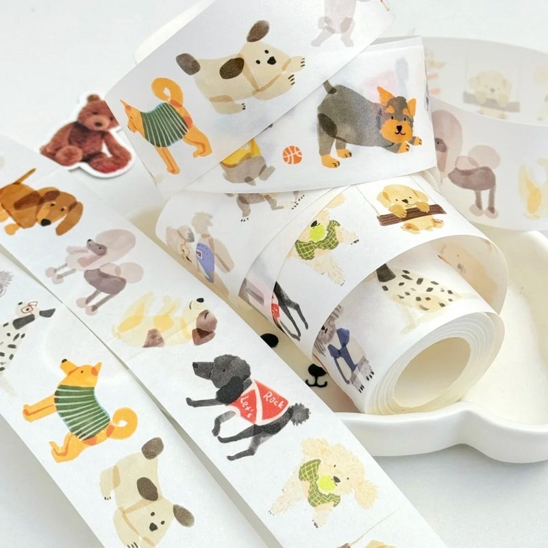 ハッピー子犬 童画タッチ 和紙マスキングテープ 10m巻 - マスキングテープ・PET テープ - その他の素材 多色