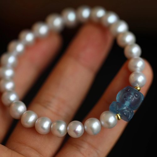 Angel's tears 天使之淚 Jewelry Design 8mm天然原色無加色淡水珍珠 天然海藍寶小熊珠設計單圈手串s