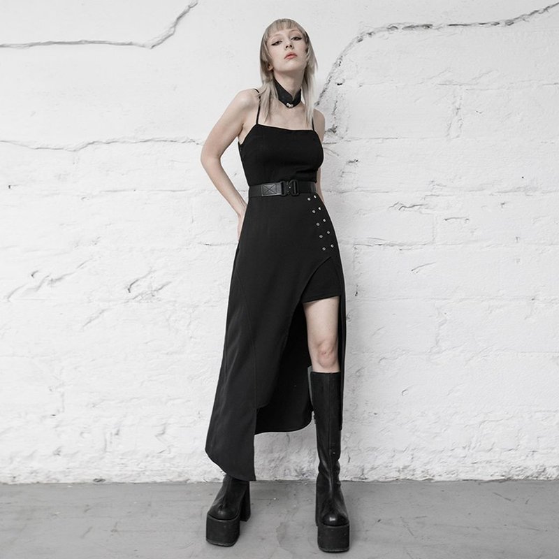 パンク道士チャイナカラーチョーカーワンピース / 取り外し可能チョーカー / ベルト付き / 最終在庫 - ワンピース - その他の素材 ブラック