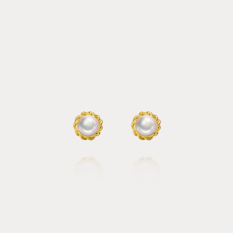 Twining | 6.5-7mm French retro twist Japanese Akoya seawater pearl 18K earrings/ear pins - Earrings & Clip-ons - Pearl Gold