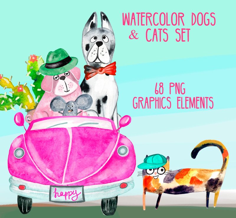 Watercolor cats and dogs hand drawn set, halloween, international dog day, - งานดีไซน์ดิจิทัลอื่นๆ - โลหะ สีแดง