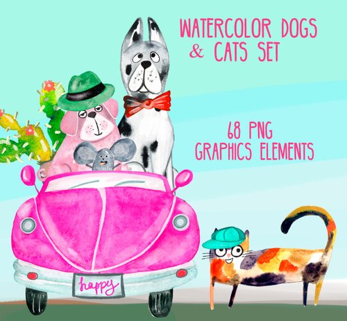 NataLyaroArt Watercolor cats and dogs hand drawn set, halloween, international dog day,