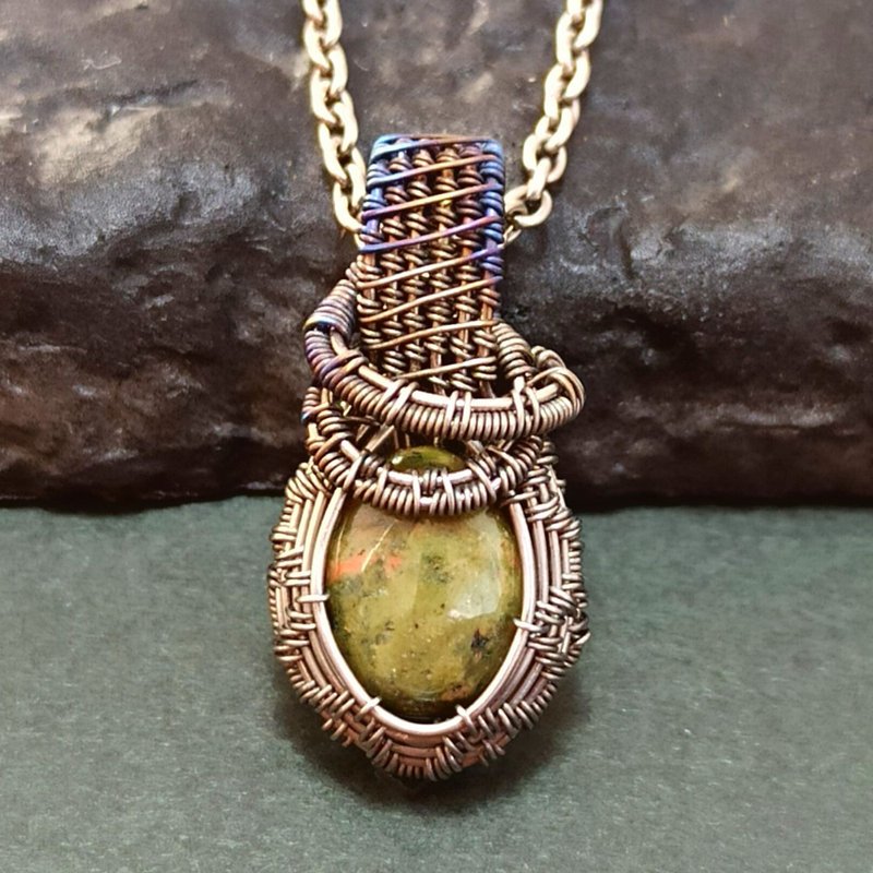 Unakite Pendant Necklace Titanium Wire Wrapping Metal Allergy Free A023 - Necklaces - Semi-Precious Stones Multicolor