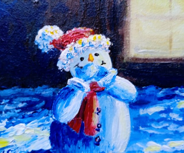 雪だるまの絵画オリジナル クリスマス ウォール アート冬景色
