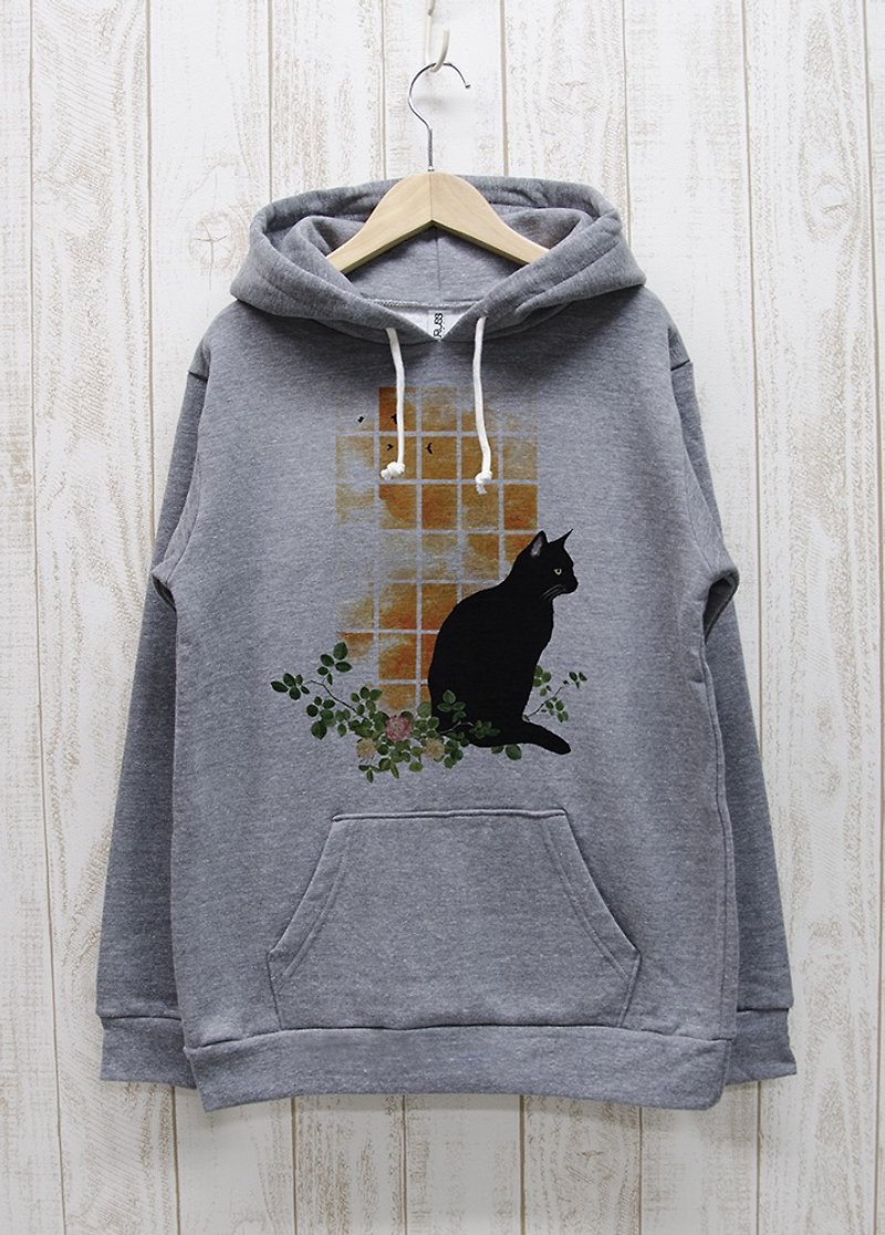 Standing Black Cat Hoodie Window SUNSET Heather Gray / R030-P-GR - เสื้อฮู้ด - ผ้าฝ้าย/ผ้าลินิน สีเทา