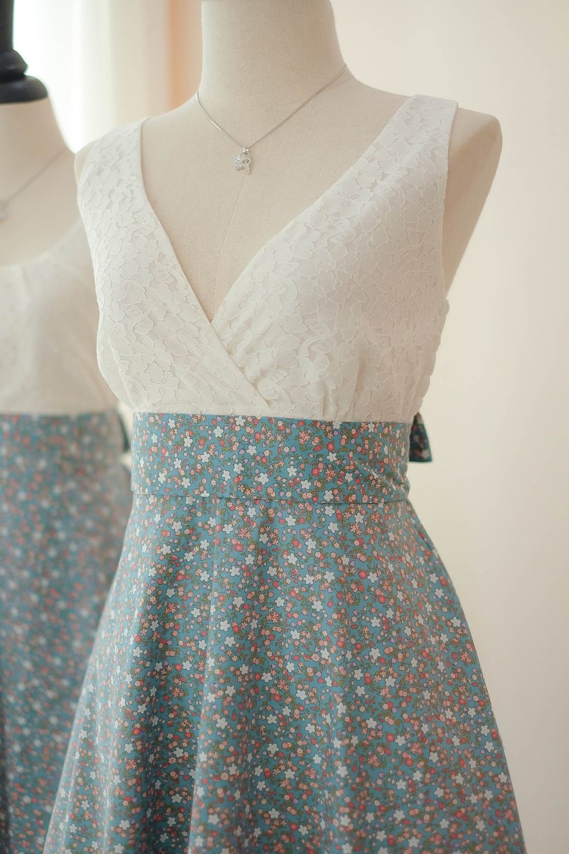 Dusty blue Floral Sundress Spring Summer Tea Dress Vintage Inspired - 洋裝/連身裙 - 其他材質 藍色