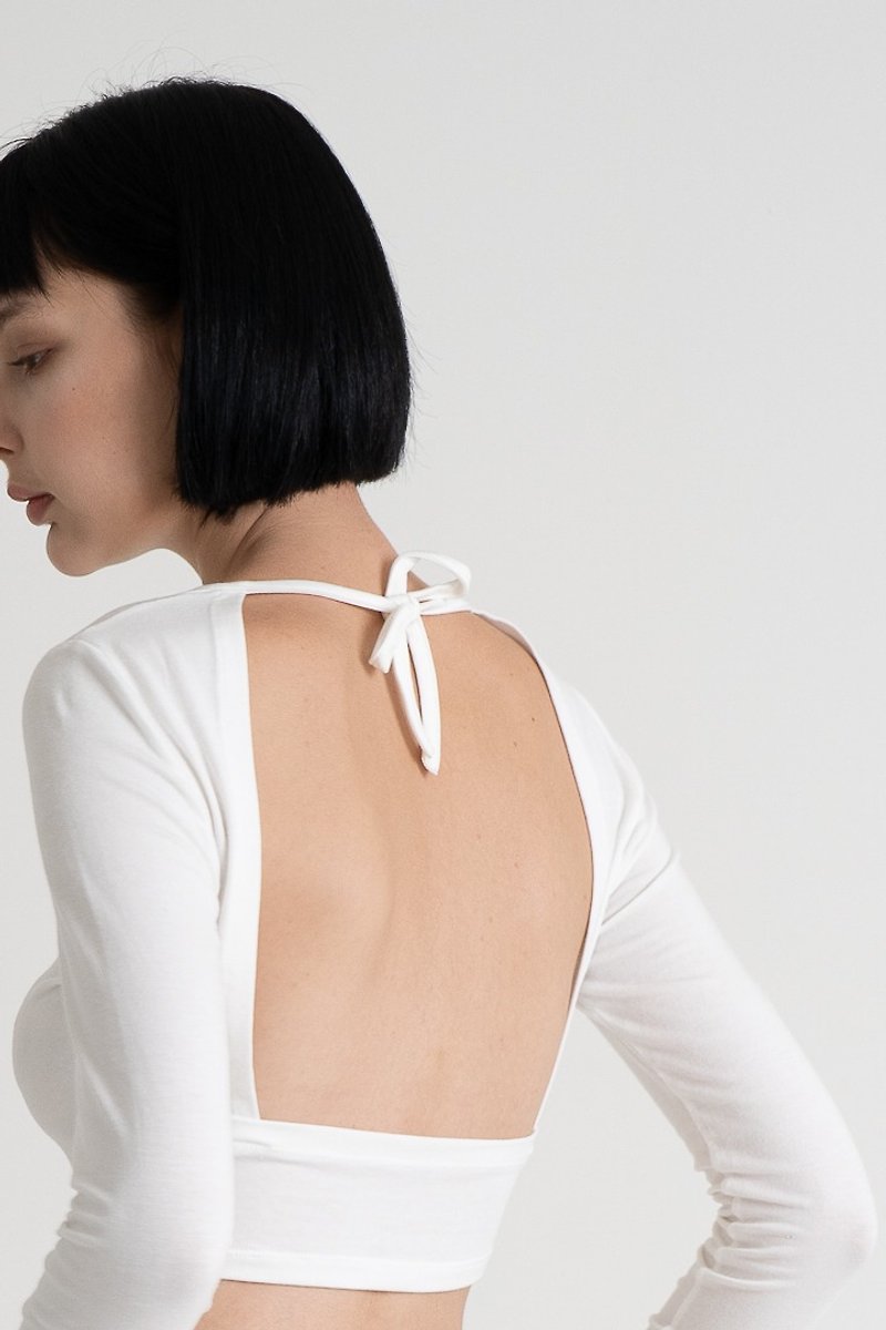 Backless Modal Crop Top - White | 美背綁帶莫代爾棉長袖 - 白 - 女上衣/長袖上衣 - 棉．麻 白色