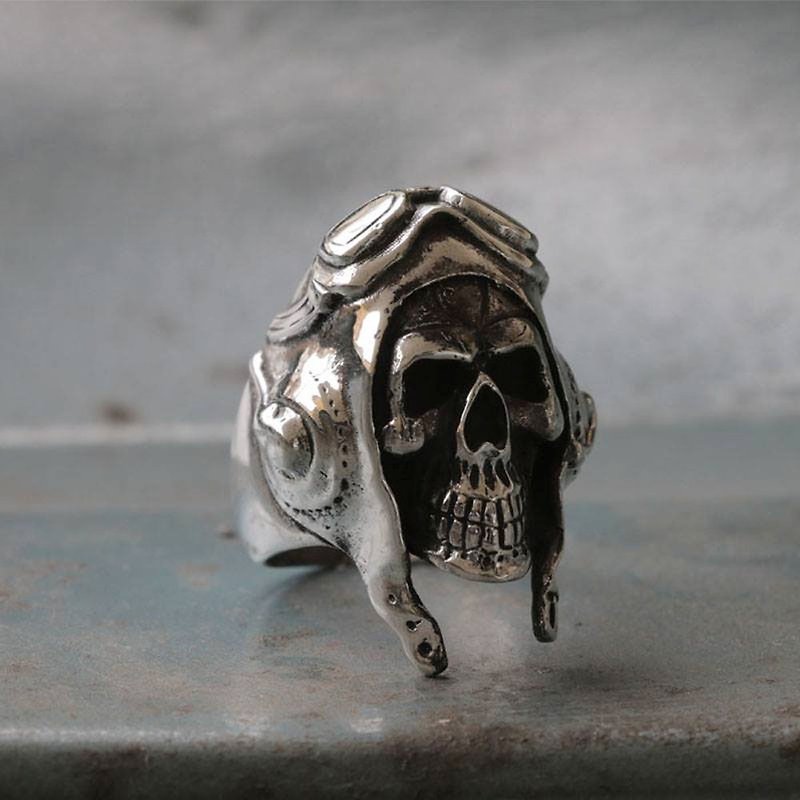 Mexican Biker Ring Skull sterling silver crossbones aviator air Force helmet Usa - General Rings - Other Metals Silver