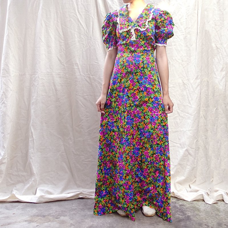 * BajuTua / Vintage / Made in the USA 70's Victoria Floral Dress - ชุดเดรส - ผ้าฝ้าย/ผ้าลินิน สีเขียว