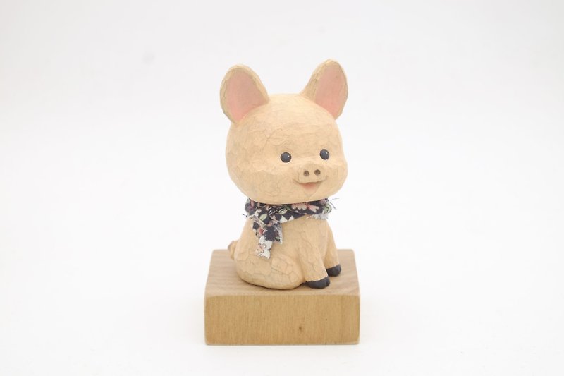 I want to be a room wood carving animal _ sitting posture pig (log hand carved) - Stuffed Dolls & Figurines - Wood Pink