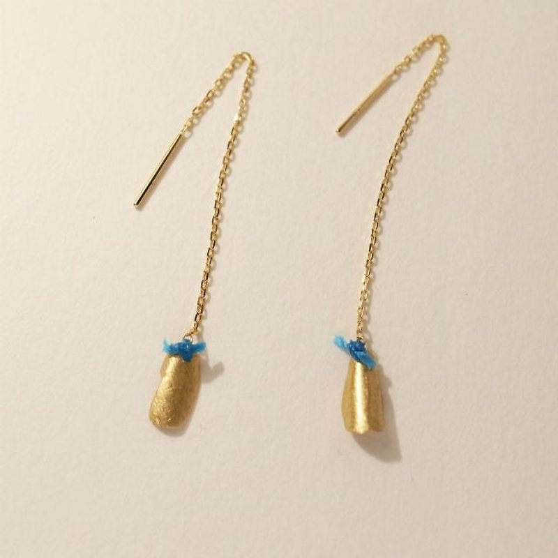 18K Gold Long Earrings Roll (M) Blue Left and Right Pair Ladies Minimalist - Earrings & Clip-ons - Precious Metals Gold