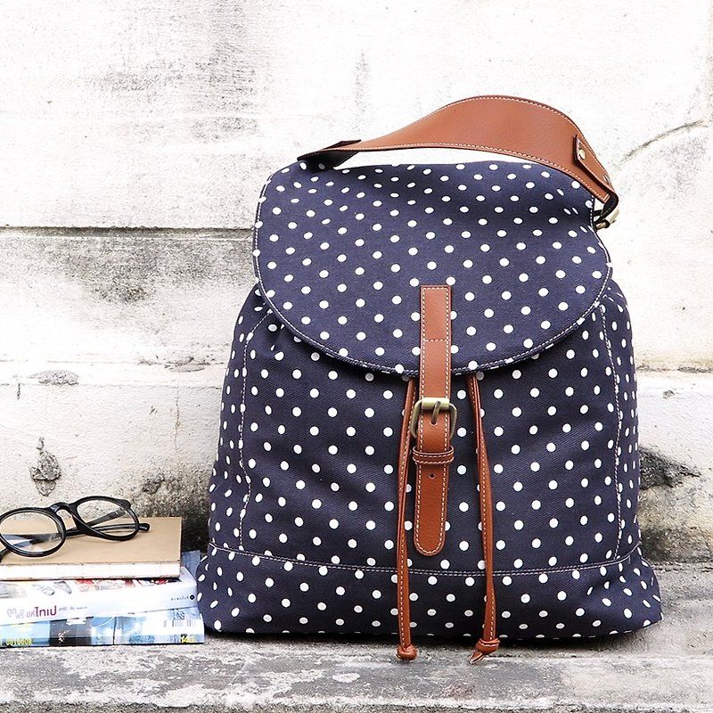 2way backpack - polka dot - กระเป๋าเป้สะพายหลัง - ผ้าฝ้าย/ผ้าลินิน สีน้ำเงิน