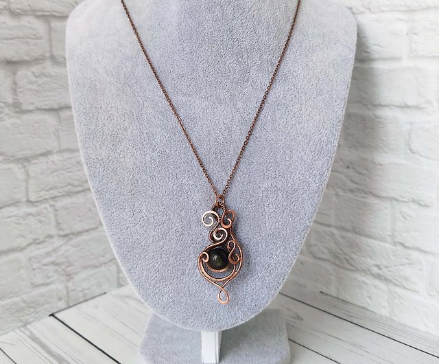 Obsidian Necklace. Wire Wrapped Copper Pendant with Gold Sheen Obsidian Bead. | DmitriyBrovkoJewelry