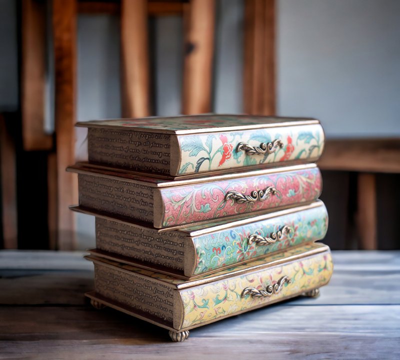 Mini chest of drawers for storing jewelry. Book box Flowers with slots. - Storage - Wood Multicolor