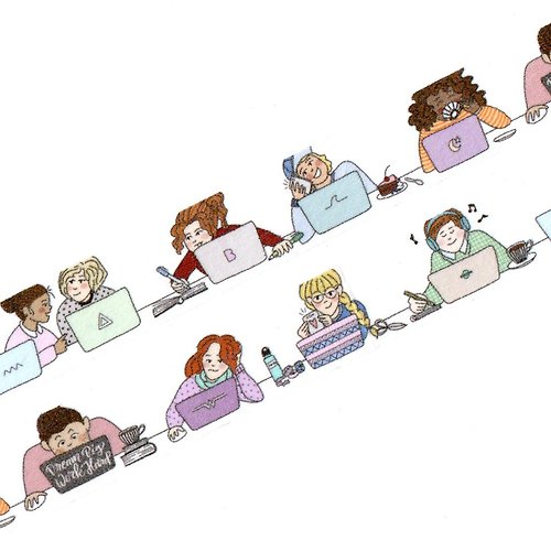 Willwa Cute Washi Tape of Working People sitting in a row at a Cafe with their Laptops