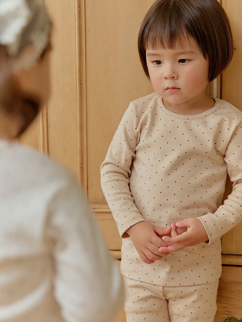 【新作】アプリコットベージュドット柄 デイリーウェア - ソフトコットン長袖 韓国ベビー服 - K66309 - トップス・Tシャツ - コットン・麻 カーキ