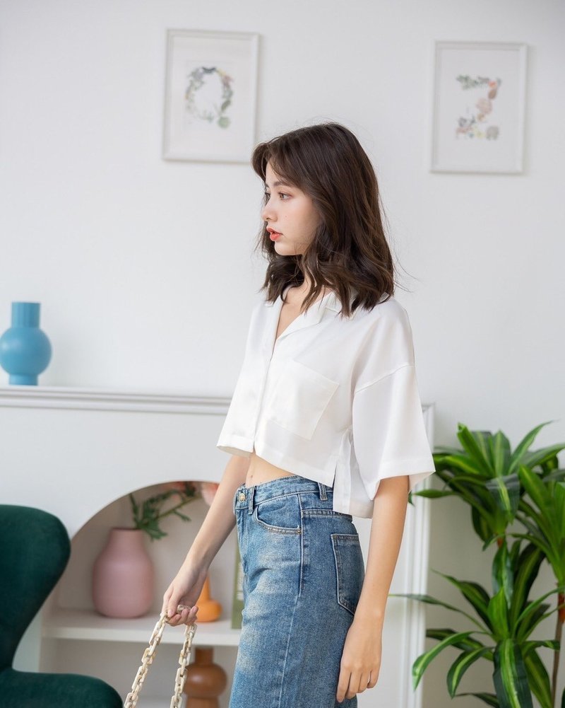 SILKY CROP SHIRTS : White - 女襯衫 - 絲．絹 白色