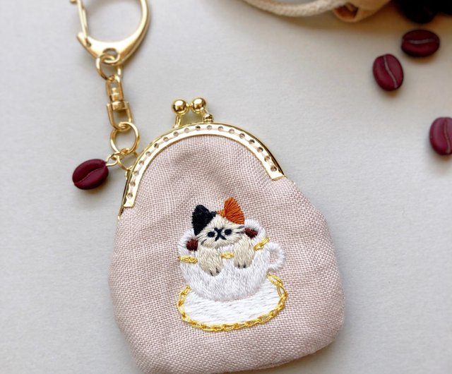コーヒーと猫の刺繍ミニがま口 - ショップ ちむねこ コイン