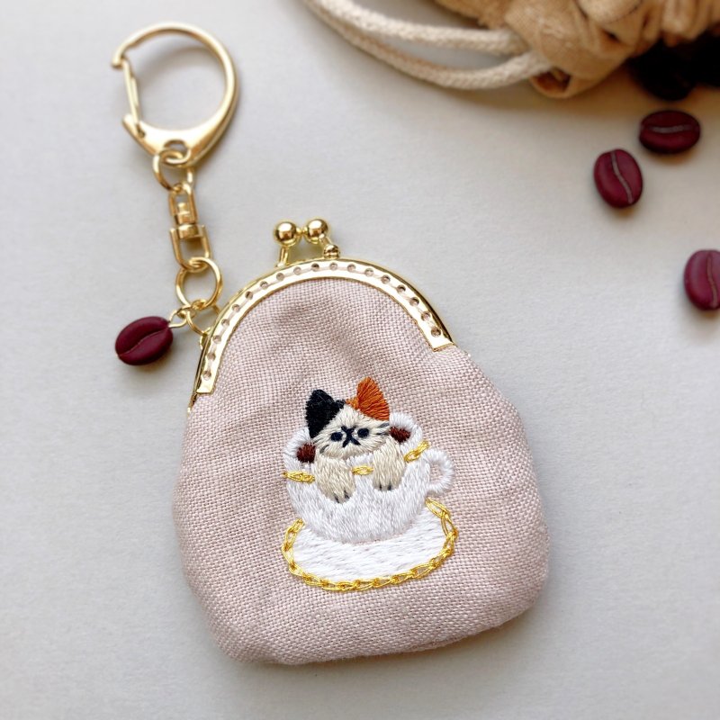 Embroidered mini coin purse with coffee and cat - Coin Purses - Thread Brown