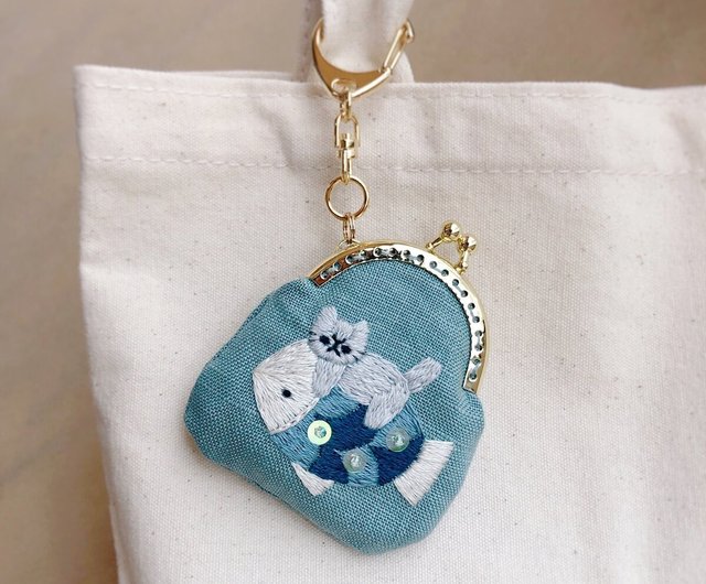コーヒーと猫の刺繍ミニがま口 - ショップ ちむねこ コイン