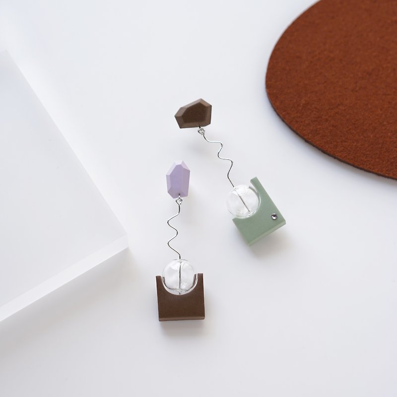 Kodi 原創設計 手工軟陶 幾何線條 簡約 玻璃珠 925純銀耳針耳環 - 耳環/耳夾 - 陶 綠色