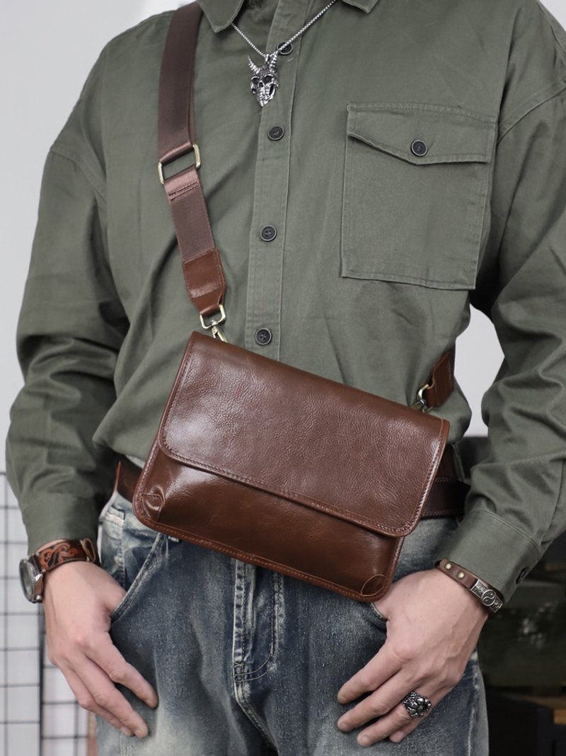 Genuine Leather Chest Shoulder Bag Men Handmade Leather Crossbody Bags Travel - กระเป๋าแมสเซนเจอร์ - หนังแท้ สีนำ้ตาล