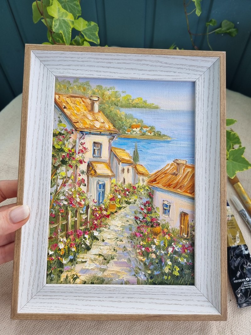 Oil painting seascape artwork landscape sea original art - 壁貼/牆壁裝飾 - 棉．麻 藍色