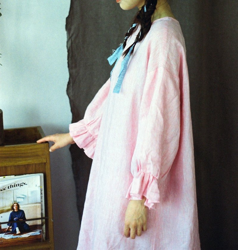 洋裝 超溫柔亞麻色織花苞袖連衣裙兩色 - 連身裙 - 棉．麻 粉紅色