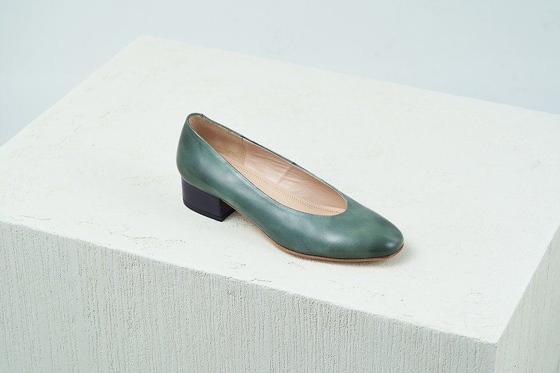 HTHREE round toe 3.4 heel shoes / green gray / heel shoes / Round Toe Heels - High Heels - Genuine Leather Green