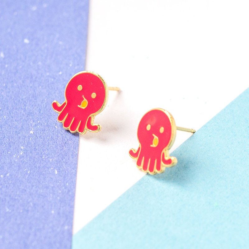 小章魚 - Sea Life 海洋生態系列 - 耳環/耳夾 - 琺瑯 紅色